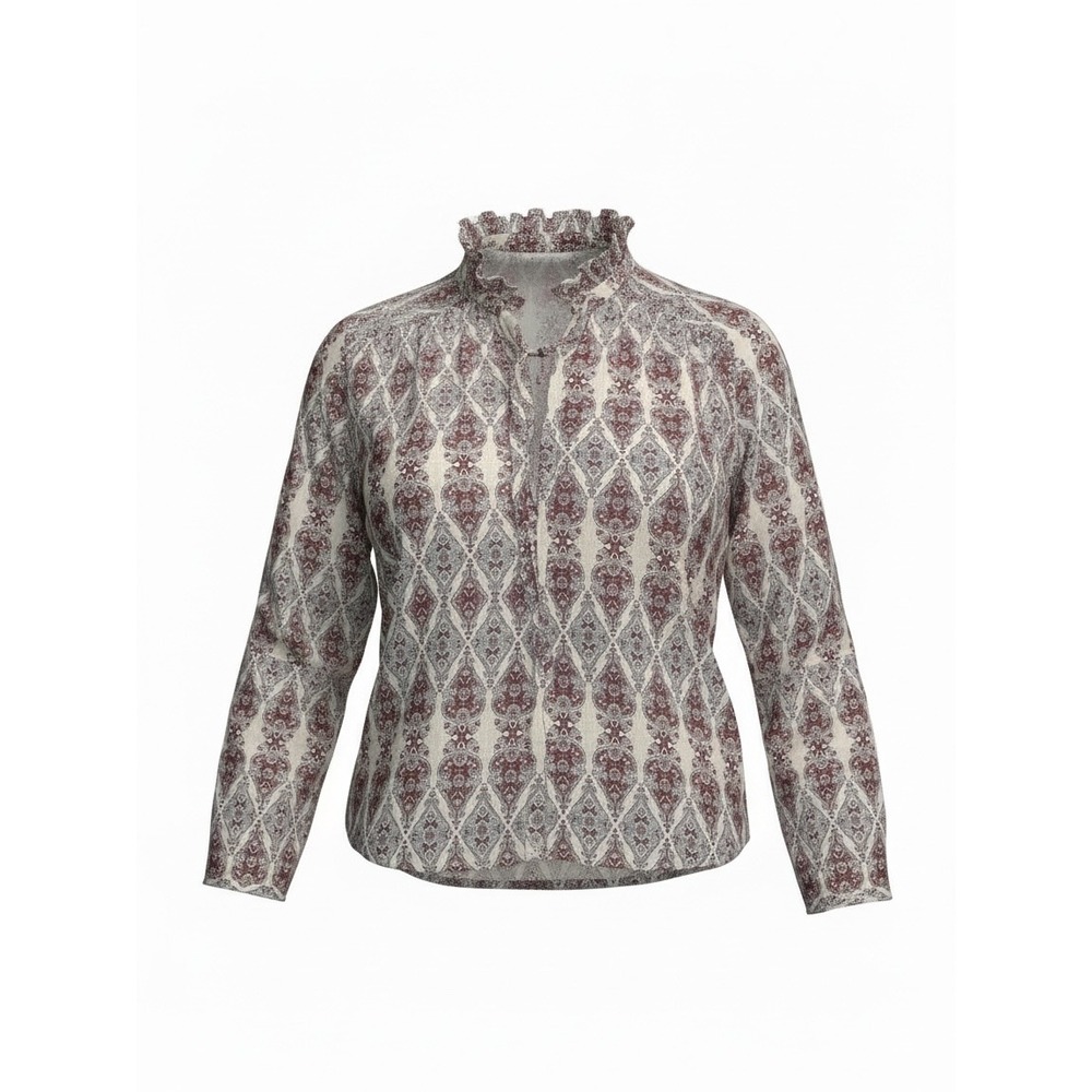 Hollister Womens XS Ruffle Neck Button Down Blouse Paisley Medallion Print Top